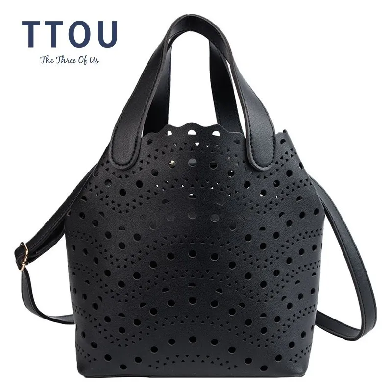

TTOU 2Pcs/set Women Large Bucket Handbags Dot Hollow Leather Shoulder Bag for Travel Casual Crossbody Bags Composite Bag