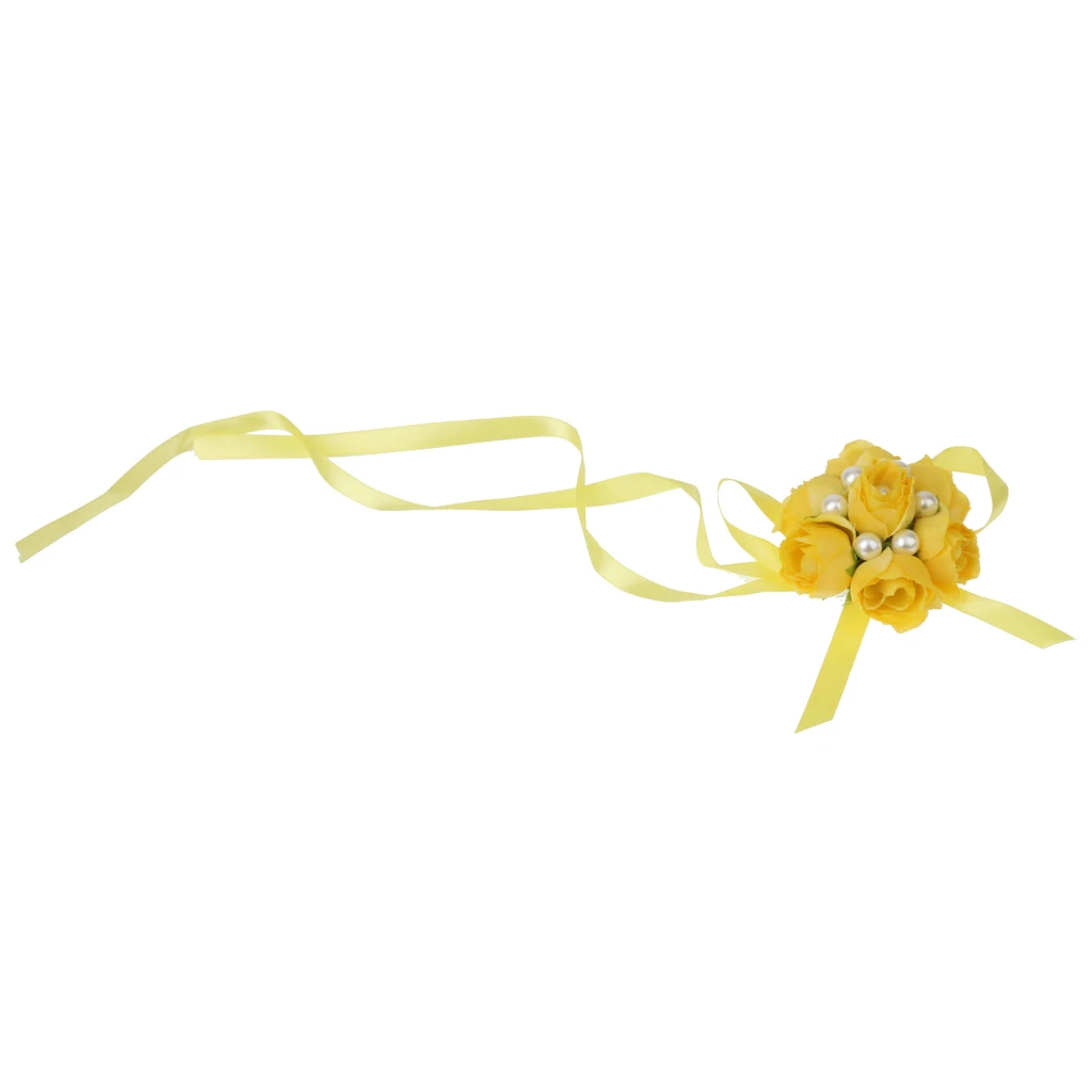 

Bridal Wrist Corsage Bridesmaid Sisters Bracelet Pearl Hand Flowers Yellow