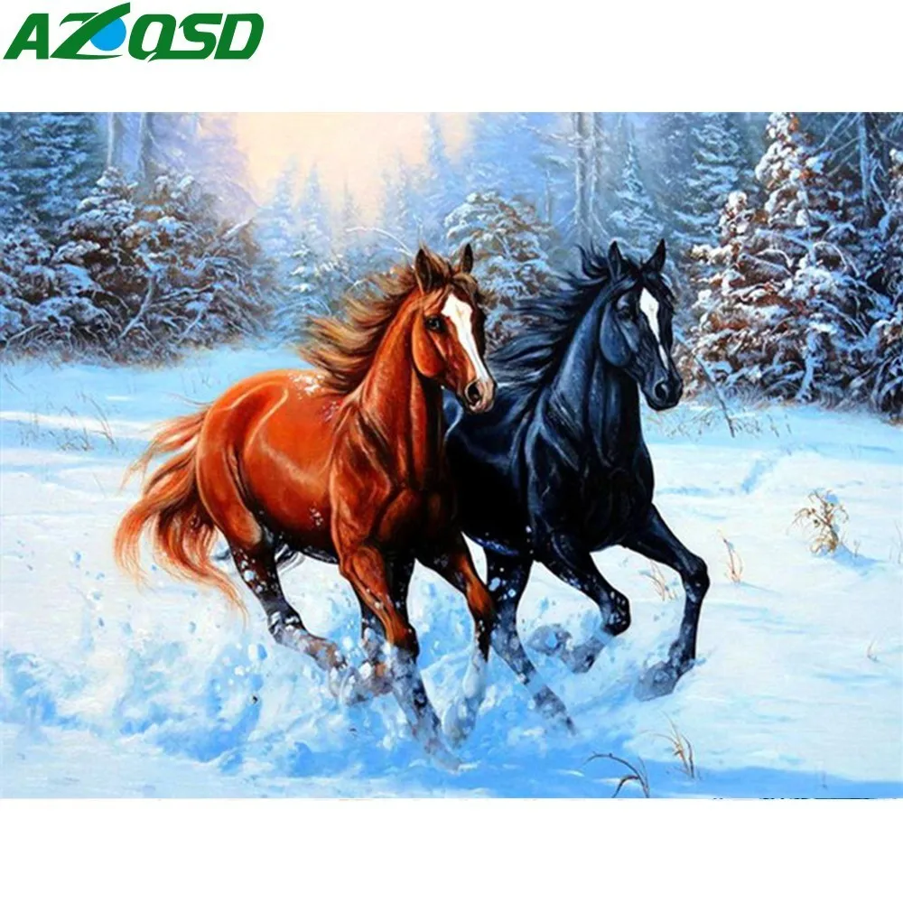 

AZQSD Diamond Mosaic Snow Horse Diamond Embroidery Winter DIY Full Square Handicraft Gift Diamond Painting Home Decoration