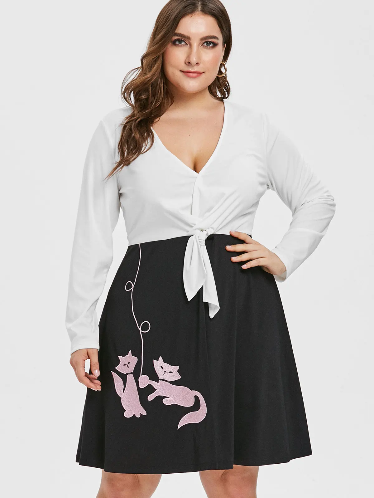 Wipalo Women Plus Size Cat Embroidery Plunge A Line Dress V Neck Tied Front Long Sleeve Casual 2019 Ladies Spring Vestidos|Платья| |