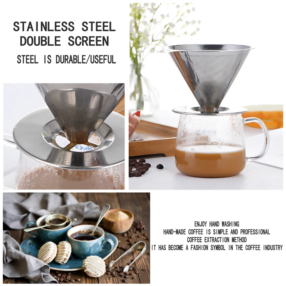قابلة لإعادة الاستخدام الفولاذ المقاوم للصدأ القهوة الشاي تصفية القهوة قمع المنقط المطبخ Coffeeware مع الحرارة العزل سيليكون مقبض