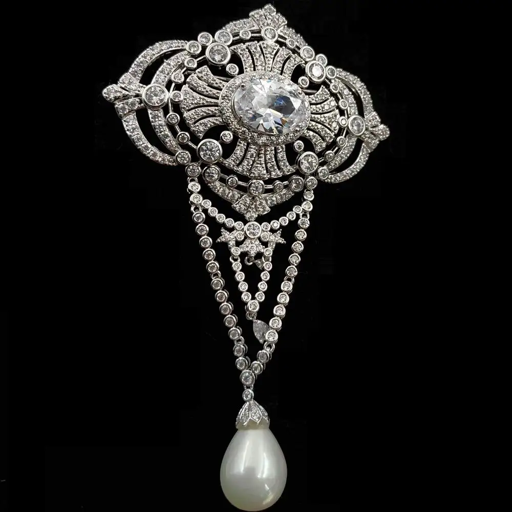 Kaufen Girandole Vintage Stil Triple Schleife Art Deco Oval Tropfen Brosche Silber Ton Mikro Pflastern Klar CZ Oval Baumeln Pins Edwardian schmuck