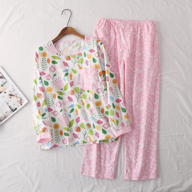 

Spring Lady's Cotton Shuttle-woven Cartoon Long-sleeved Trousers Pajamas for Women Round Neck Pijama Mujer Print Cartoon Pyjamas