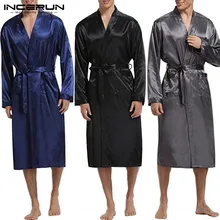 INCERUN, мужские шелковые атласные халаты, пижамы с длинным рукавом, одноцветная одежда для сна, кимоно, мужской халат для отдыха, Мужская домашняя одежда, халат