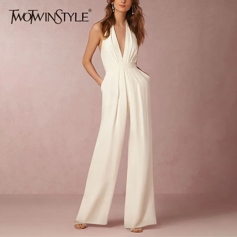 TWOTWINSTYLE Sexy Halter Jumpsuits For Women Sleeveless Off Shoulder V Neck High Waist Wide Leg Pants Female 2020 Fashion Tide