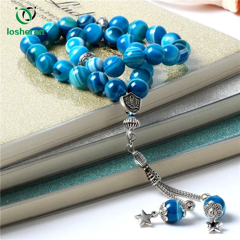 

LOSHEREN 2019 New Style Muslim Rosary Natural Agates Stone Bracelets Islam Tasbih Prayer Beads 33 Misbaha Jewelry