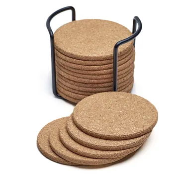 

Natural Cork Coasters With Round 16pc Set with Metal Holder Storage Caddy – 1/5inch Thick, Absorbent, Eco-Friendly, Heat-