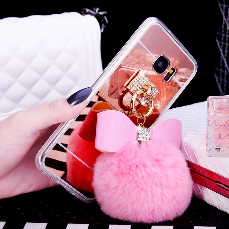 

Cute Mirror Case For Samsung J7 2018 J8 plus J9 2018 Fuzzy Real Fur Hair For Samsung M10 S10 S10E S10Lite A50 A30 M20 Funda Caja