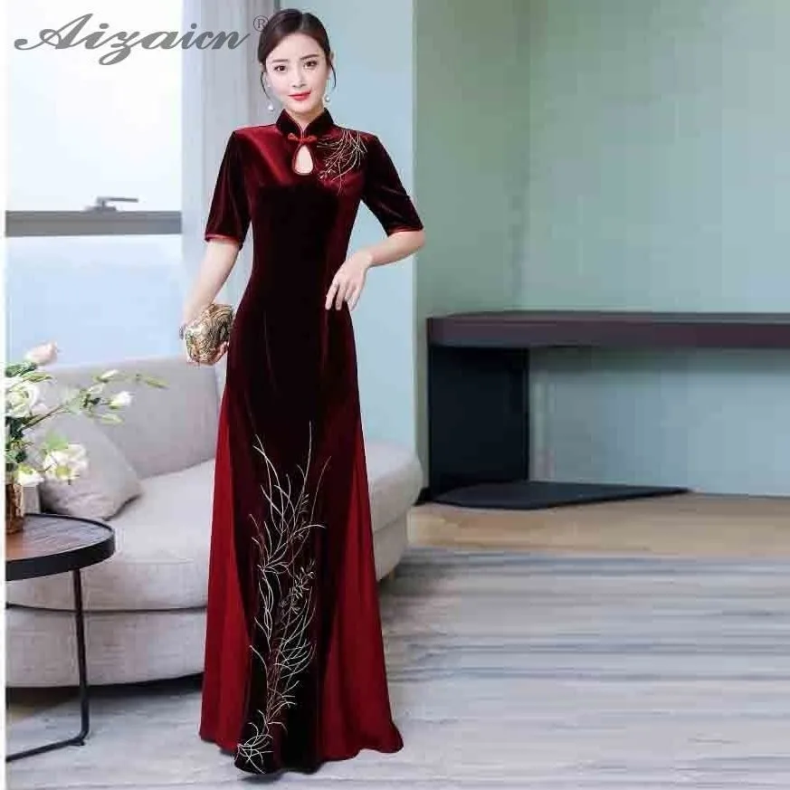 

Moderm Velvet Cheongsam Women Chinese Traditional Dresses Wedding Qipao Oriental Water Collars Long Qi Pao Purple Party Gown