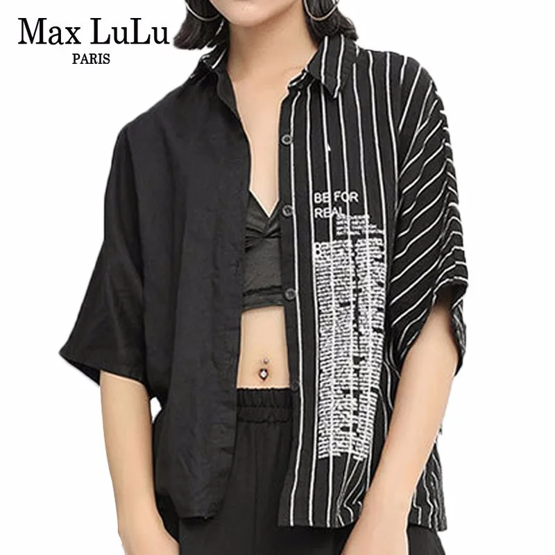 

Max LuLu 2019 Luxury European Ladies Punk Patchwork Shirts Womens Summer Striped Linen Tops And Blouses Casual Clothes Plus Size