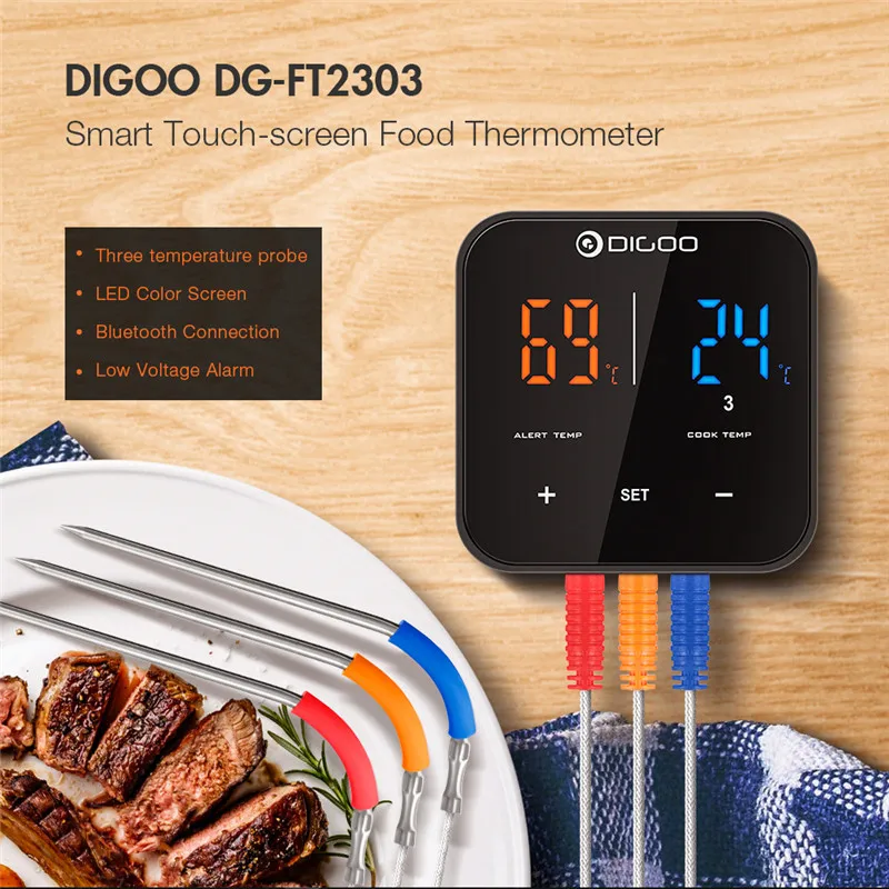 Günstige Digoo Sonde Drei Kanäle Smart Bluetoorh BBQ Fleisch Thermometer Küche Kochen BBQ Food Thermometer Edelstahl DG FT2303