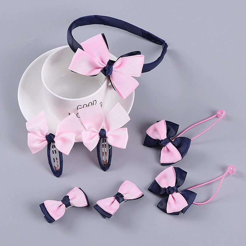 7pcs/set hair accessory set bow flower headband hair clip stretch hair rope cute candy color girls hair ring Cloth headwear set