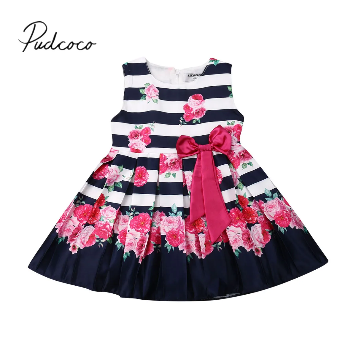 

2019 Baby Summer Clothing 2-7Y Kids Girl Formal Flower Dress Sleeveless Stripe Floral Bow Tutu Dress Party Wedding Pageant Dress