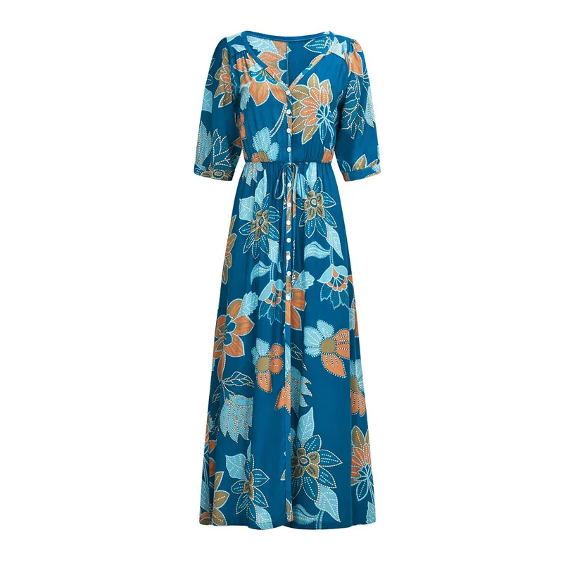 

Floral Color Long Dress Women Bohemian spring V Neck Sashes Sexy Party dresses