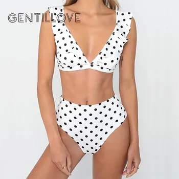 

Gentillove Summer Ruffle Tow Piece Sets Polka Dot Plaid Print V Neck Bikini Fashion Top and pant Sets Beach Wear 2019 New