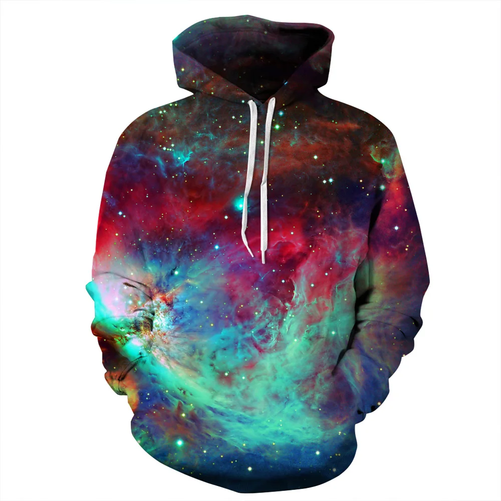 Blue Red Galaxy Print Hoodies Men Hoodie with Hat Round Neck Loose Sweatshirt Pullover Sudaderas Para Hombre Streetwear