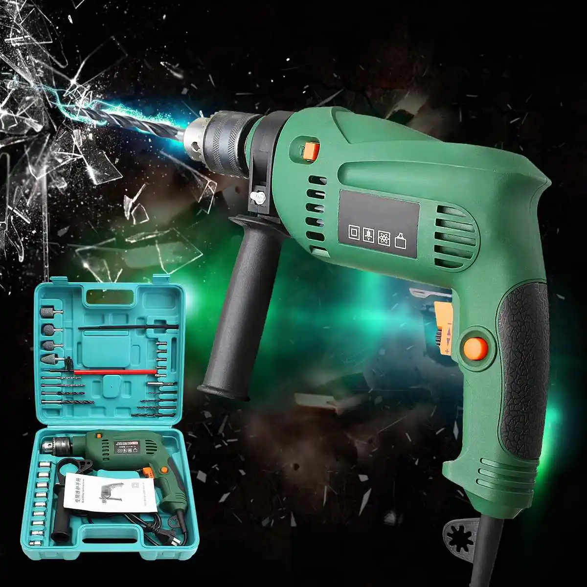 

220V 1580w Power Corded Drill Kit Electric Metal Chuck V/Speed Forward Reverse With Mini Drill Grinding Wheel Hand Tools