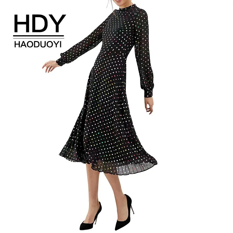 

HDY Haoduoyi Simple Dot Printed Sweet Girls Black Color Collision Fashion Dress Summer Wave Stitching Pleated Femme Mid Calf