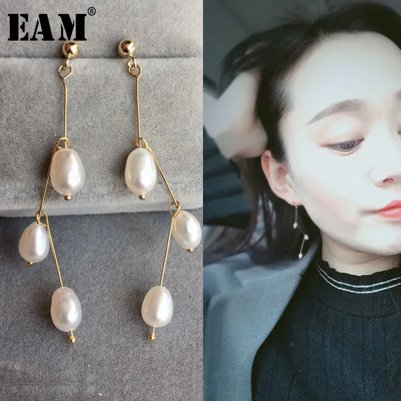 

WKOUD EAM Jewelry / 2019 New Fashion Temperament irregular pearl leaf drop earrings Women's Accessories S#R124108