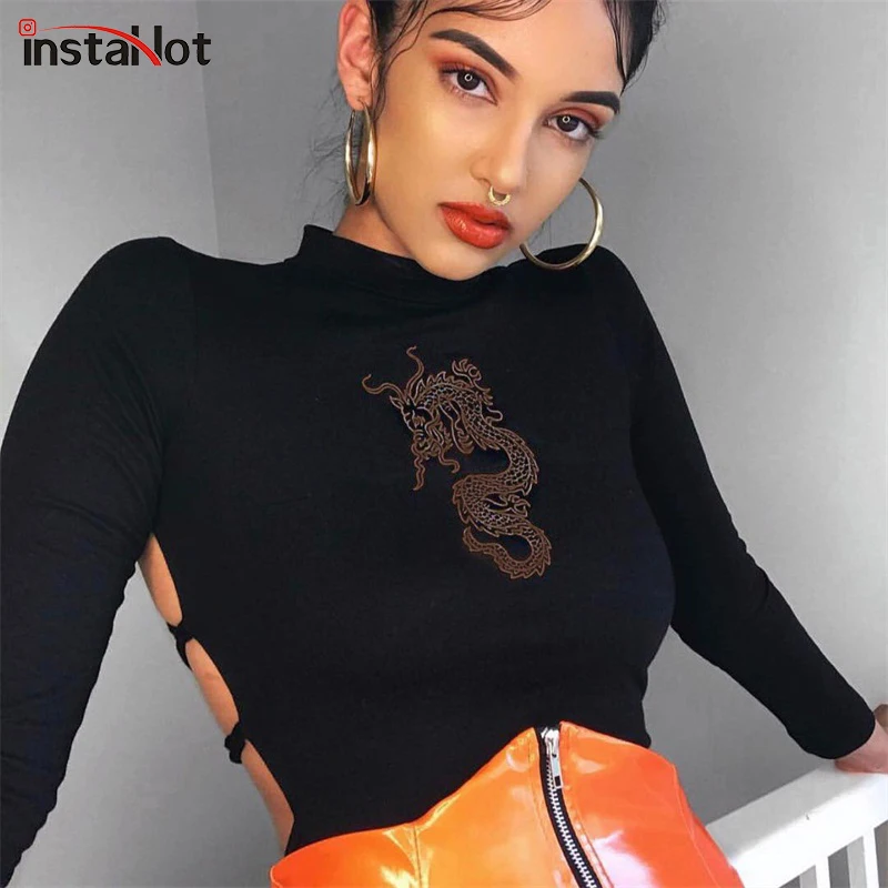 

Sexy Dragon Printed Turtleneck Backless Bodysuits Women Autumn Full Sleeve Back Cross T Shirts Elegant Playsuits Top Sexy