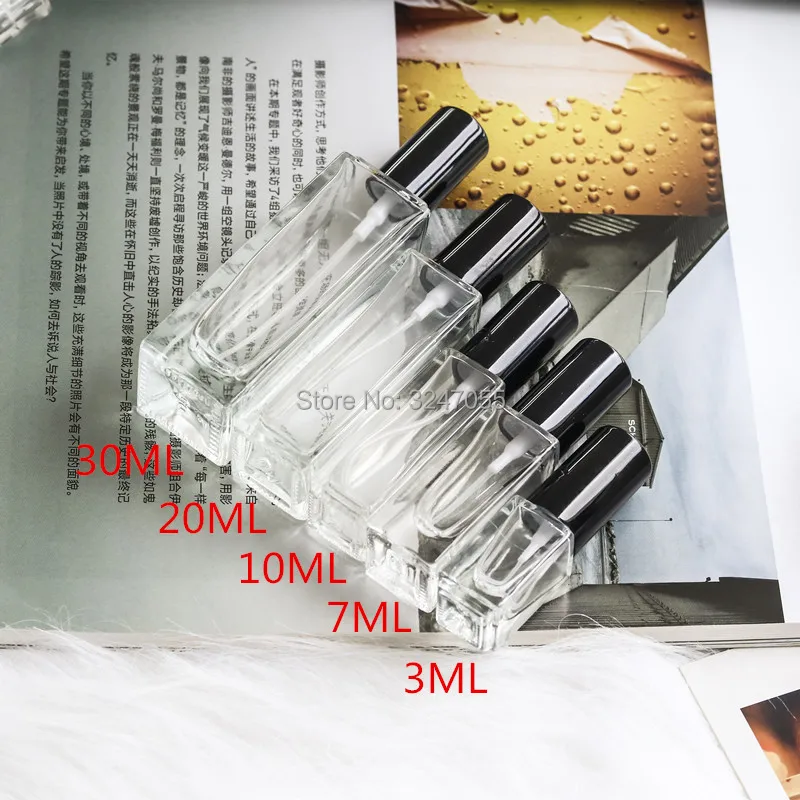 3ml4ml7ml10ml20ml30ml прозрачный пустой квадратный флакон для косметики с дозатором, стекло красота духи Пластиковые распылители образец трубки