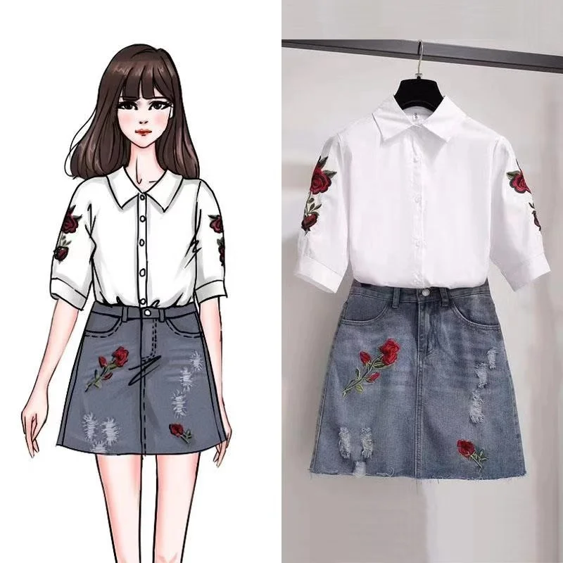 Faldas Mujer Moda 2019 Женская мини юбка с цветочной вышивкой комплект + белые блузки