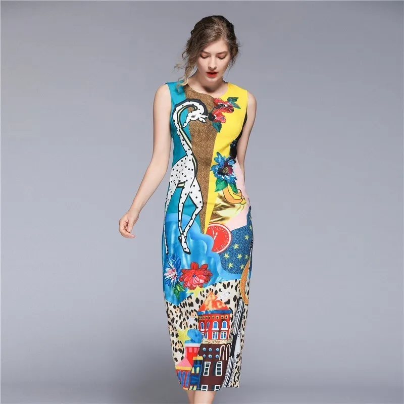 

2019 Luxury Designer Runway Summer Dress Women Elegant Sleeveless Sequin Animal Print Beading Applique Long Dress Vestidos