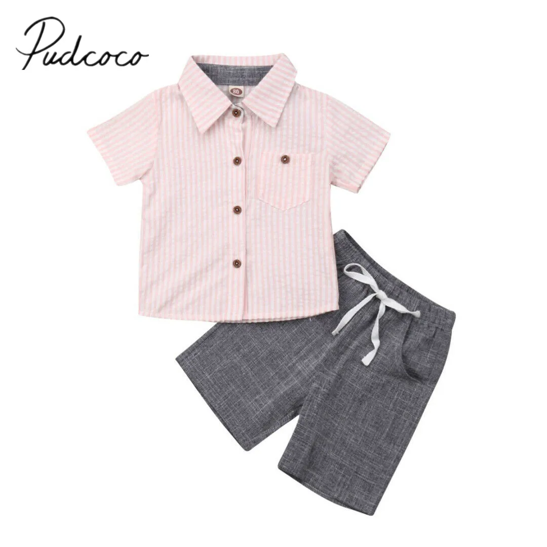 

2019 Children Summer Clothing Toddler Kid Baby Boy Party Striped Cotton Top Short Sleeve T Shirt Shorts Solid Pants Clothes 1-5T