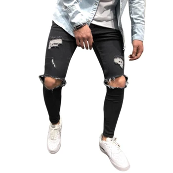 

NEW-Fashion Streetwear Men'S Jeans Knee Hole Ripped Jeans Distressed Denim Skinny Pants Elastic Jeans Men Pants