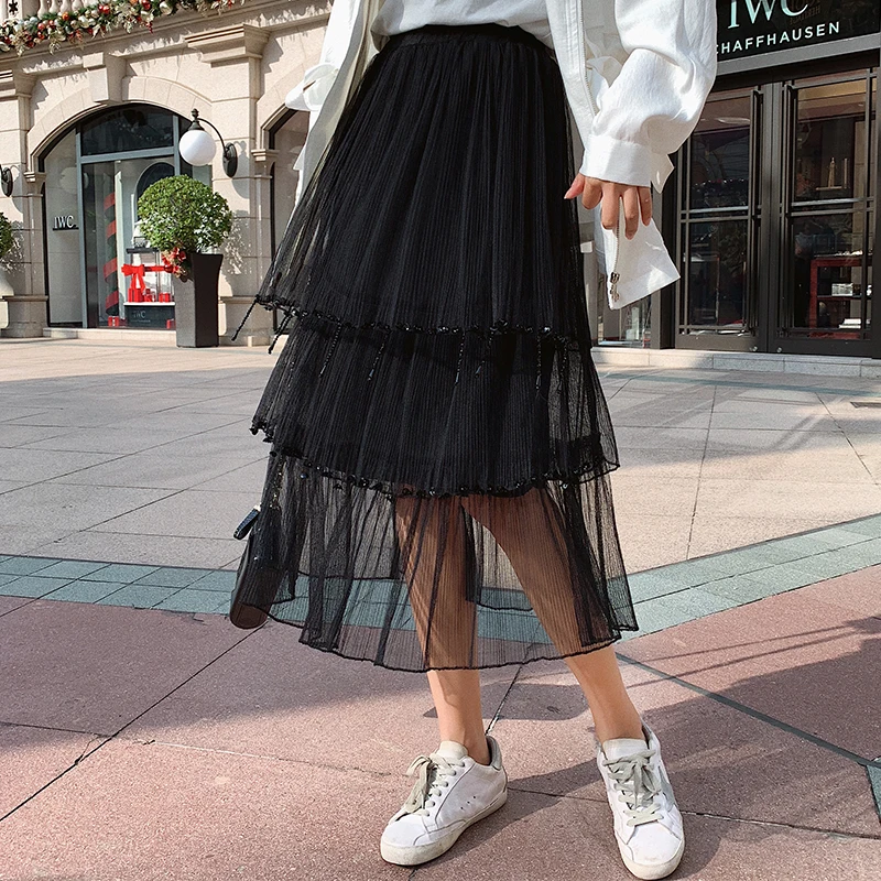 Весенняя новая шифоновая многослойная юбка для милых школьниц с блестками ручной работы и кисточками, четыре цвета, Женская сетчатая юбка