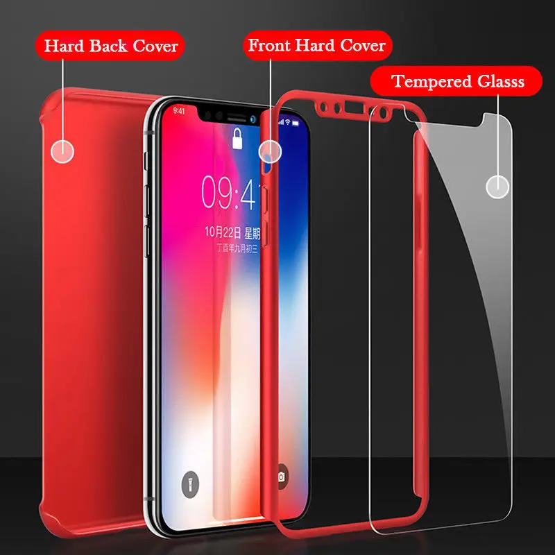 

360 Degree Full Cover Phone Case For iPhone X Xs Max Xr 7 8 Plus With Tempered Glass Case Hard PC Shell 6 6S Plus X 5 5S SE Capa