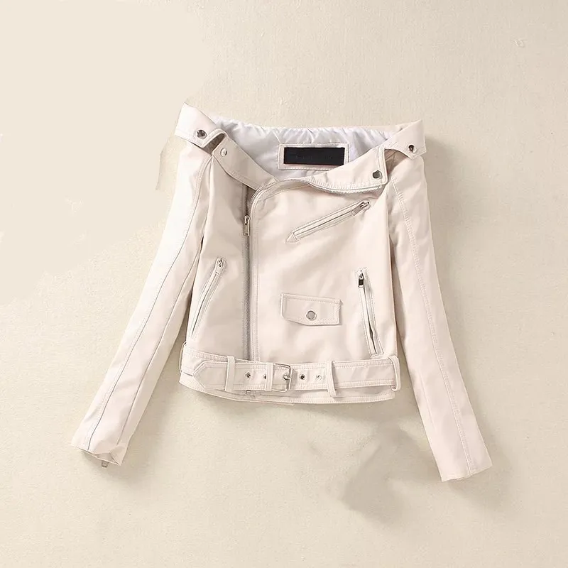 

New Arrival Women Turn-Down Collar Short Jacket Autumn Long Sleeve Leather Outerwear Zippers Off The Shoulder Black Overcoat