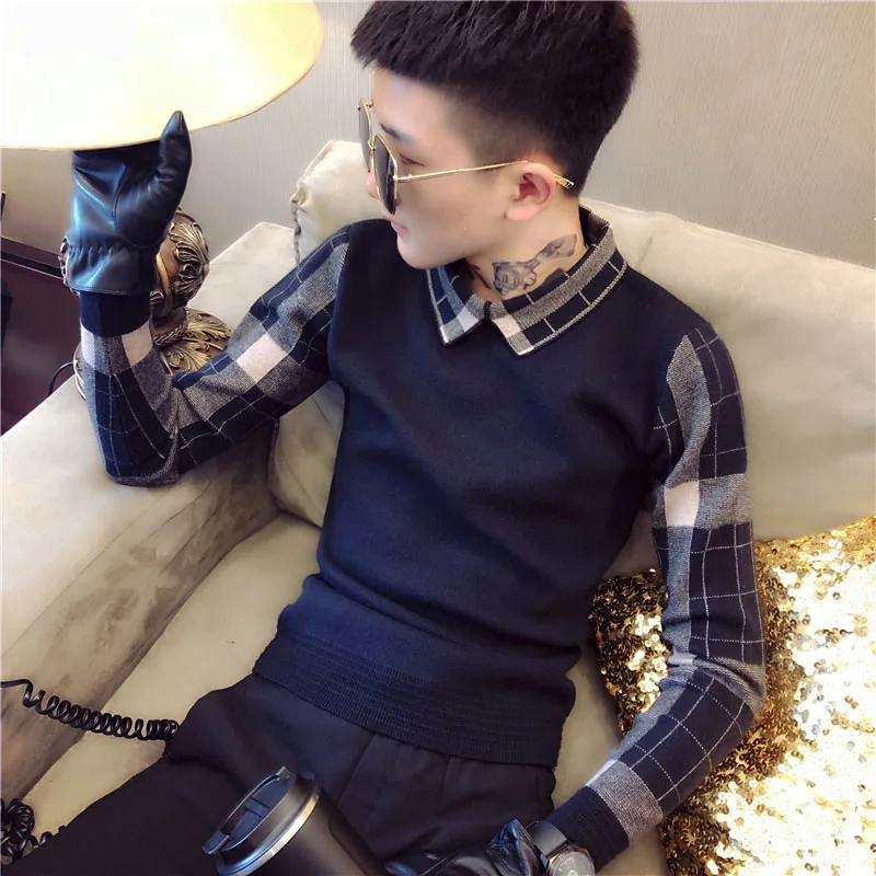 

New Men's Autumn And Winter Fashion Sweater M-5XL Long-sleeved Personality Stitching Solid Color Youth Temperament Wild Loose