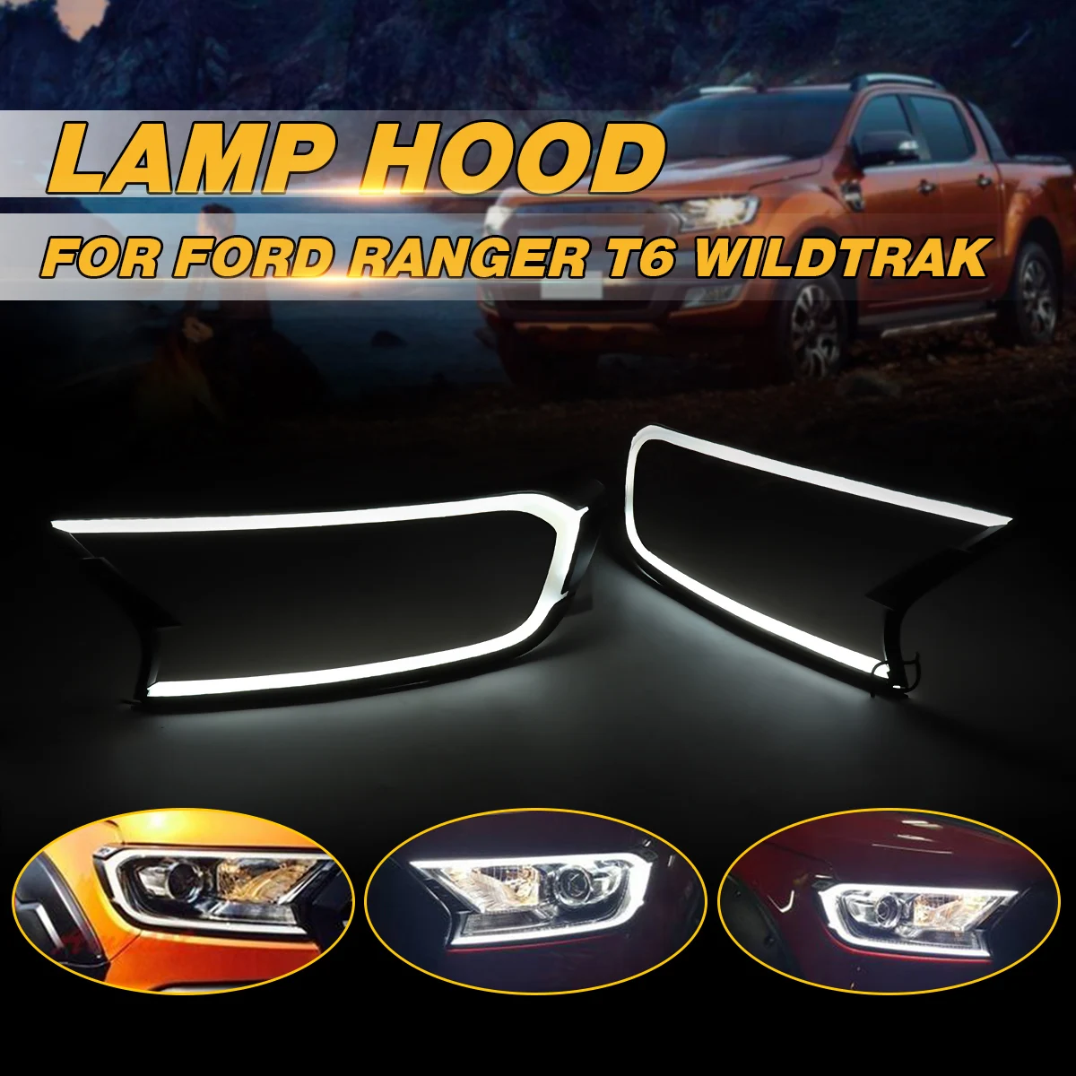 

2pcs Matte Black LED Head Light Front Shell Cover Trim For FORD RANGER T6 WILDTRAK 15-17 ABS Lamp Hoods