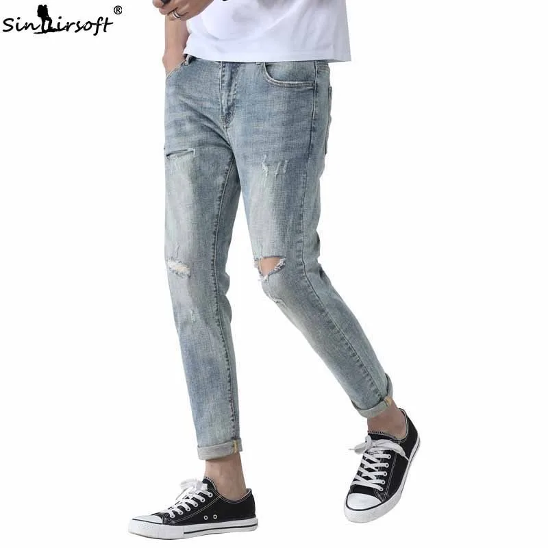 

Retro Broken Copper Denim Pencil Pants Men's Slim Ankle-Length Jeans Streetwear Ripped Hole 2019 Autumn Fashion Trousers 28-36