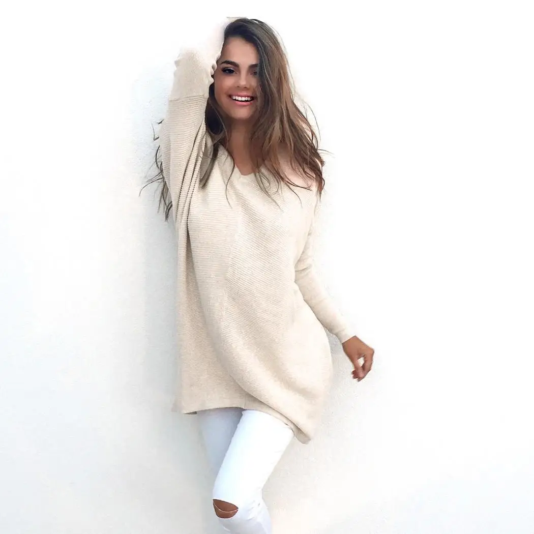 Women Fashion Casual V-neck Long Sleeve Solid Autumn, Spring Loose Long Pullover Sweater