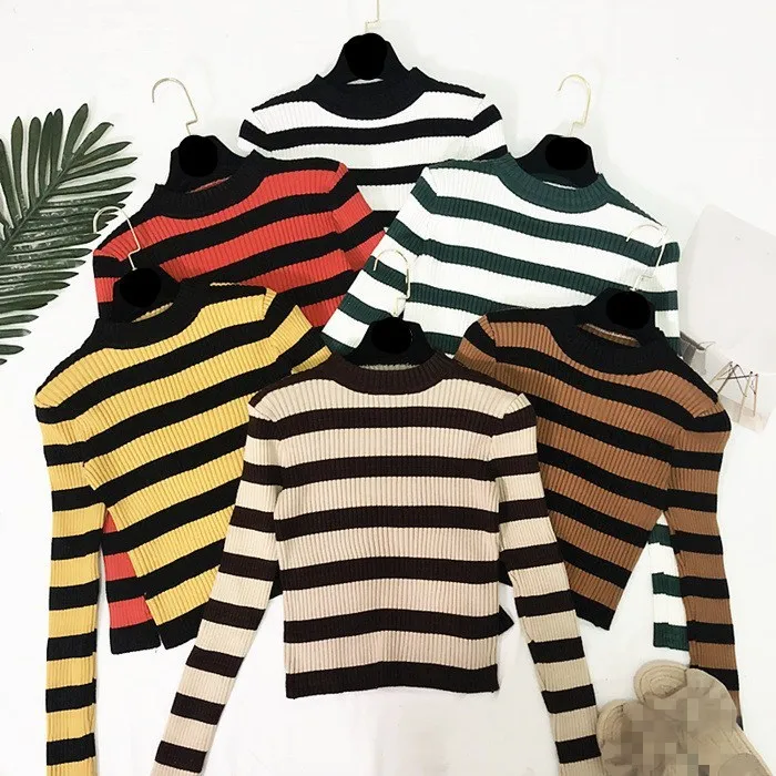 

2018 Autumn Winter O-Neck Short Tops Casual Slim Long Sleeve Knitted Pullovers Women Striped Thin Sweaters