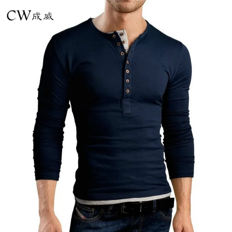 New Dark blue Gray T shirt Tee Shirt Homme 2019 Double V Neck Henley ...