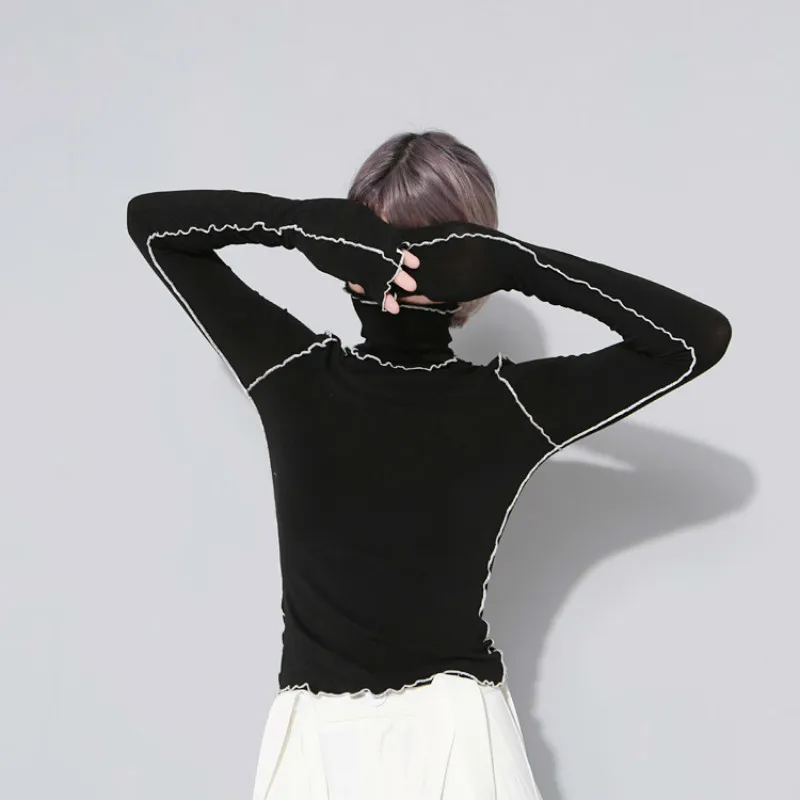 

contrast color lace Turtleneck Exceed Long Sleeve slim thin Short Rendering Unlined Upper Garment T-Shirt women 329