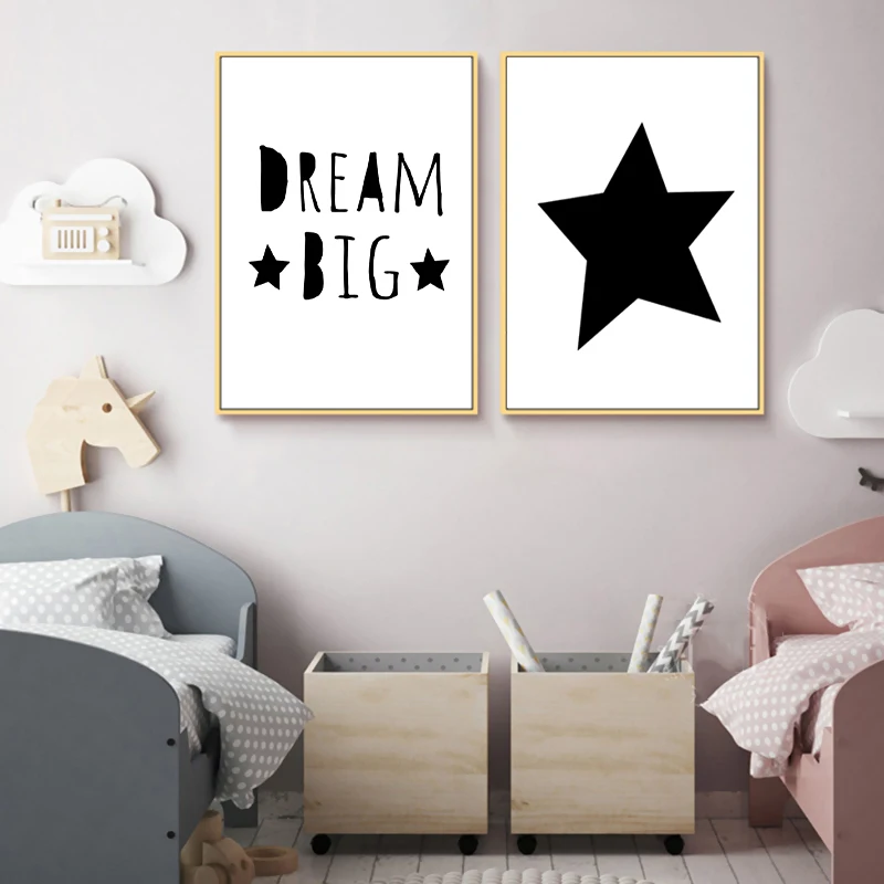 Dream Big Good Night Cloud Star холст художественный постер черно белый Принт для детской
