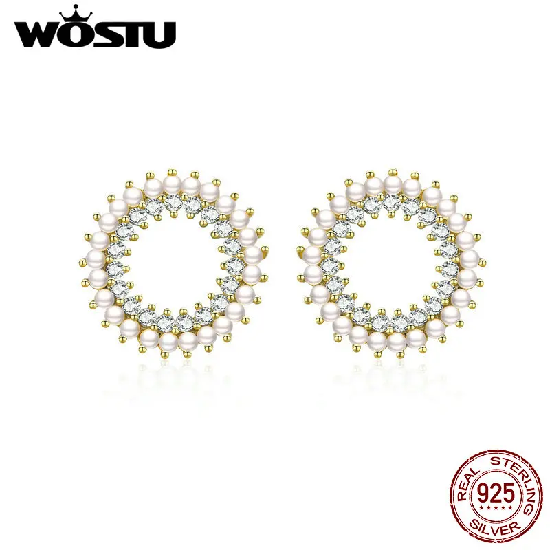 

WOSTU European Baroque Stud Earrings 925 Sterling Silver Bright Zircon Pearl Round Tiny Earrings For Women Silver Jewelry CTE070