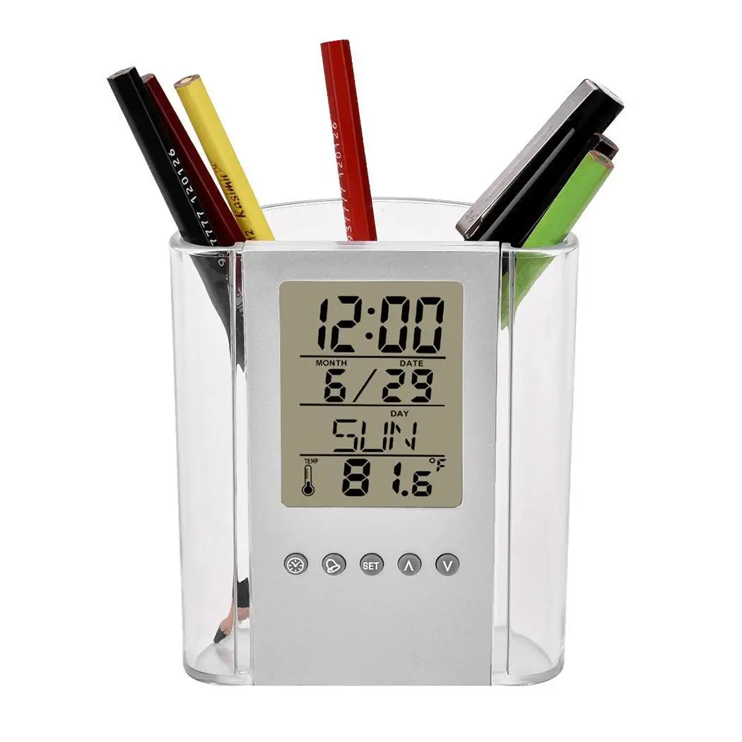 Многофункциональный Прозрачный Электронный будильник с подсветкой держатель для офисной ручки современный контейнер