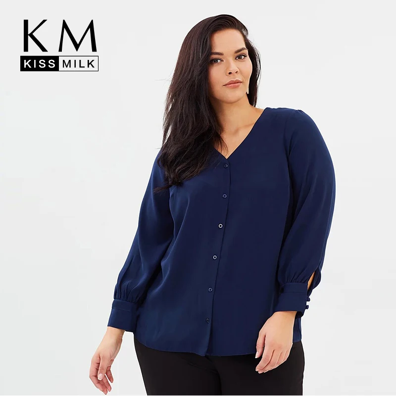 

Kissmilk Plus Size Simple casual commuter style V-neck blouse loose cuffs decorated long-sleeved shirt