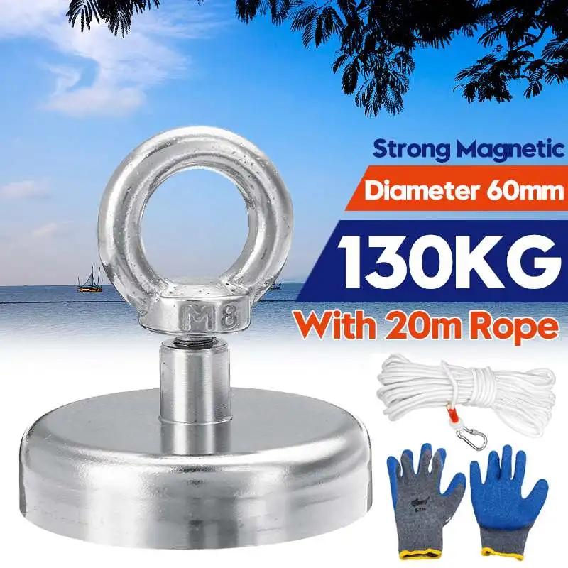 

130KG Strong Salvage Magnet Pot Fishing Magnet With Ring Gloves Deep Sea Salvage Hook Neodymium Magnet Treasure Hunters Holder