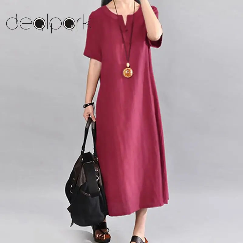 

3XL 4XL 5XL Large Sizes Baggy Dress Women Vintage Ethnic Cotton Dress V Neck Pocket Midi Robe female 2019 Summer Plus Size Dress
