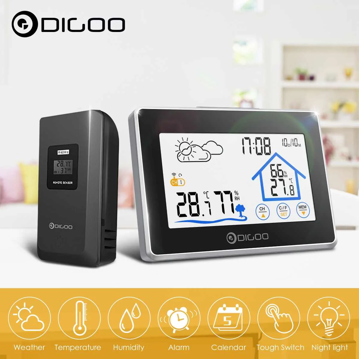 

Digoo DG-TH8380 Touch Indoor Outdoor Weather Station + 100m Forecast Sensor Thermometer Hygrometer Meter Calendar 3CH Backlight