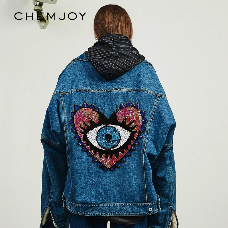 Large Heart with Eye Sequin Patch Sew Applique Embroidered Patches Sew
