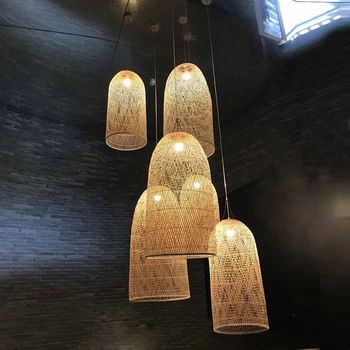 

New Chinese Lantern Hotel Tea Staircase Hotel LED Bamboo Pendant Lights Hand Rattan Weaving Wood Pendant Lamp Lighting Luminaire
