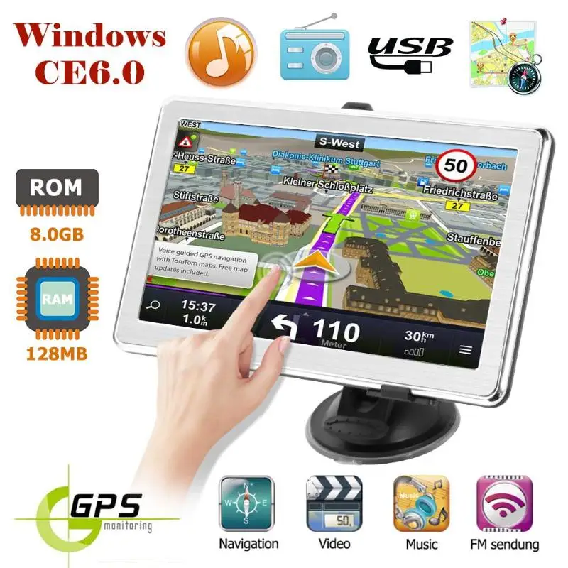 X8 7 pulgadas pantalla táctil Ultra fino coche camión GPS sistema de navegación portátil 8 GB GPS navegador FM transmisión táctil pantalla HD GPS