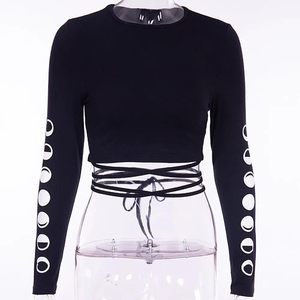 Rosetic Harajuku Goth Solid Black Crop T Shirt Short length Hollow Out Printed Moon Long Sleeve Top Tee Bandage Sexy Punk Street